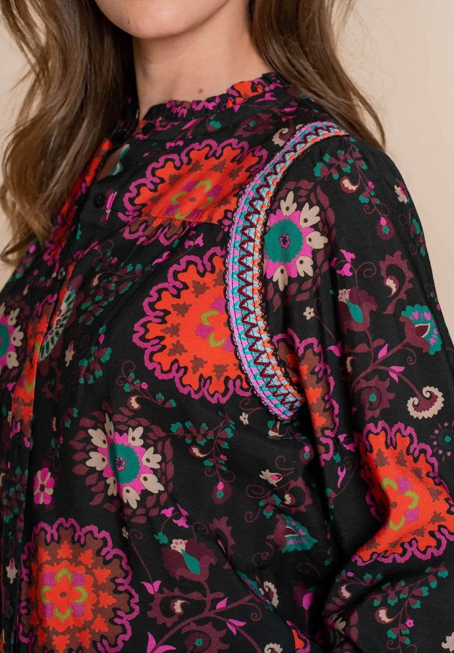 Geisha blouse maat L 40 zwart Paisley oranje