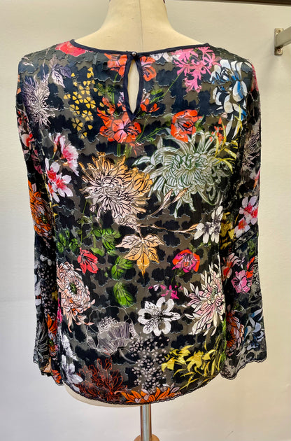 Marc Cain top blouse maat 2 / 36 / S viscose zijde zwart bloemen
