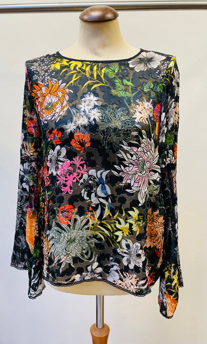 Marc Cain top blouse maat 2 / 36 / S viscose zijde zwart bloemen
