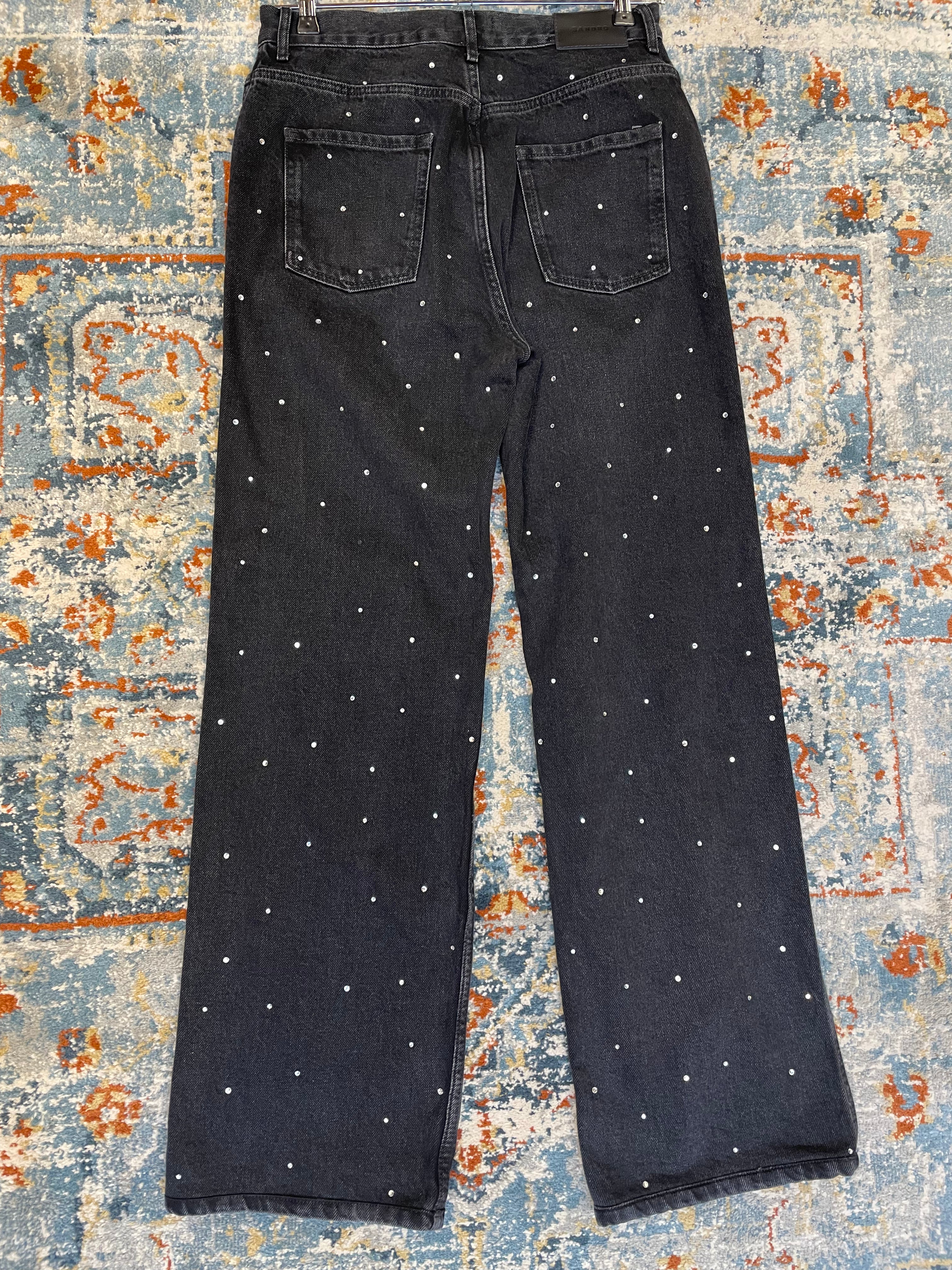 Sandro jeans zwart wide leg rhinestones maat 40